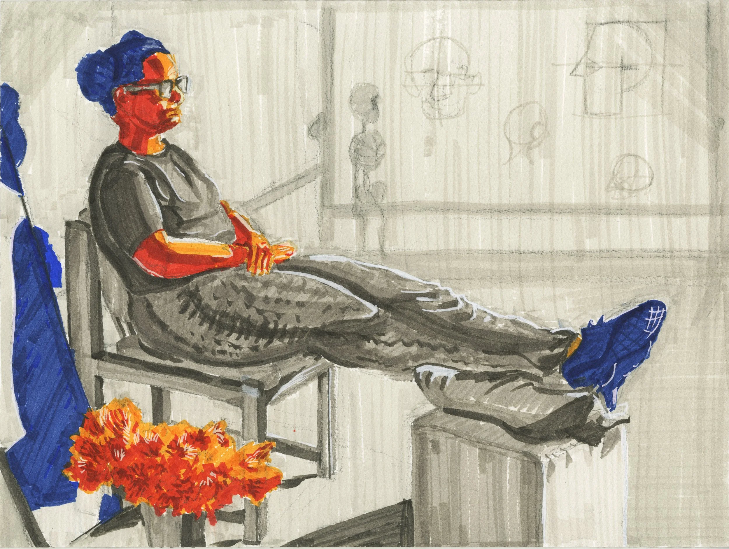 A person with dark skin, blue hair, red face, and glasses sitting on a bench in an art studio, with sketches and busts on the wall in the background, a bouquet of orange flowers nearby.
