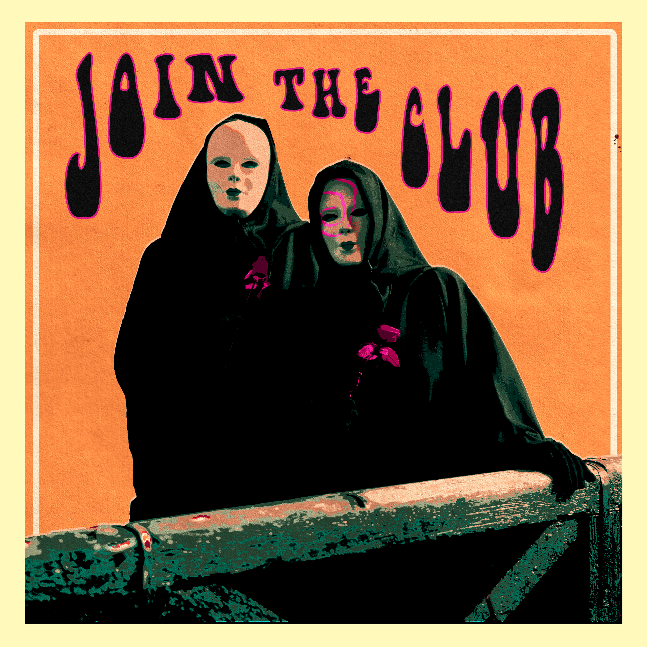 Illustration of two figures in black hooded cloaks with masks holding pink flowers, standing behind a wooden railing, with the text 'Join the Club' in purple above them on an orange background.