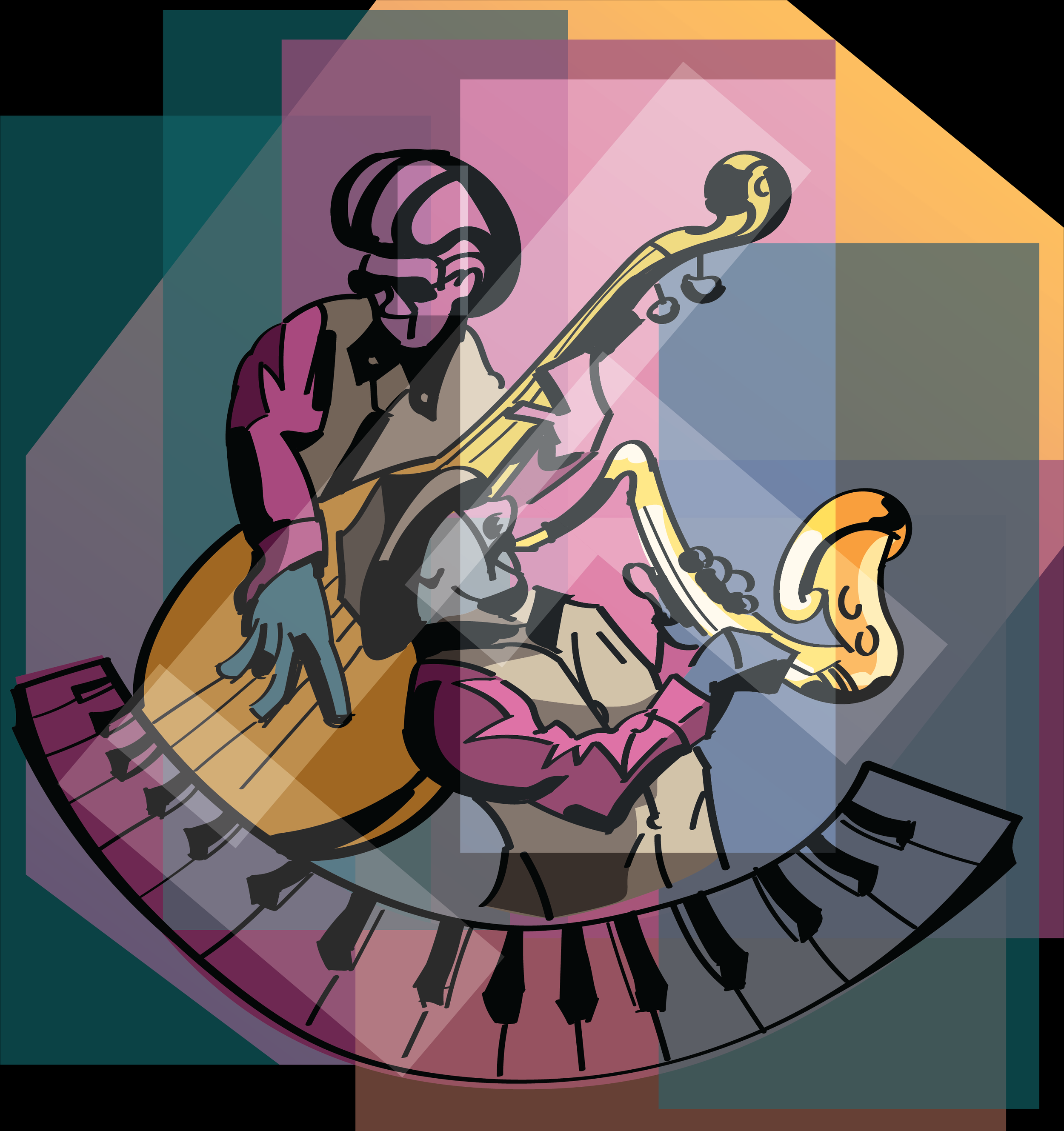 Stylized illustration of a jazz band featuring a guitarist and a saxophonist playing together, with music notes and colorful geometric shapes in the background.
