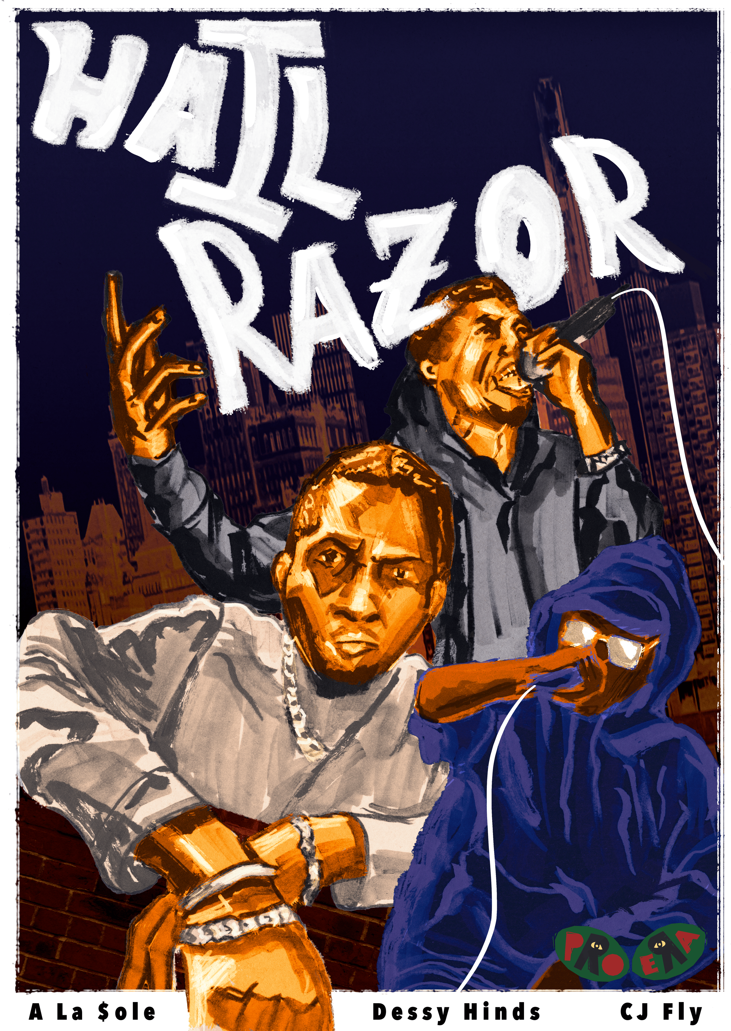 Illustration of three young men in urban setting, with one holding a microphone, another with a serious expression, and the third with a hoodie and glasses. The background features city skyscrapers and graffiti-style text reading "HAIL RAZOR."