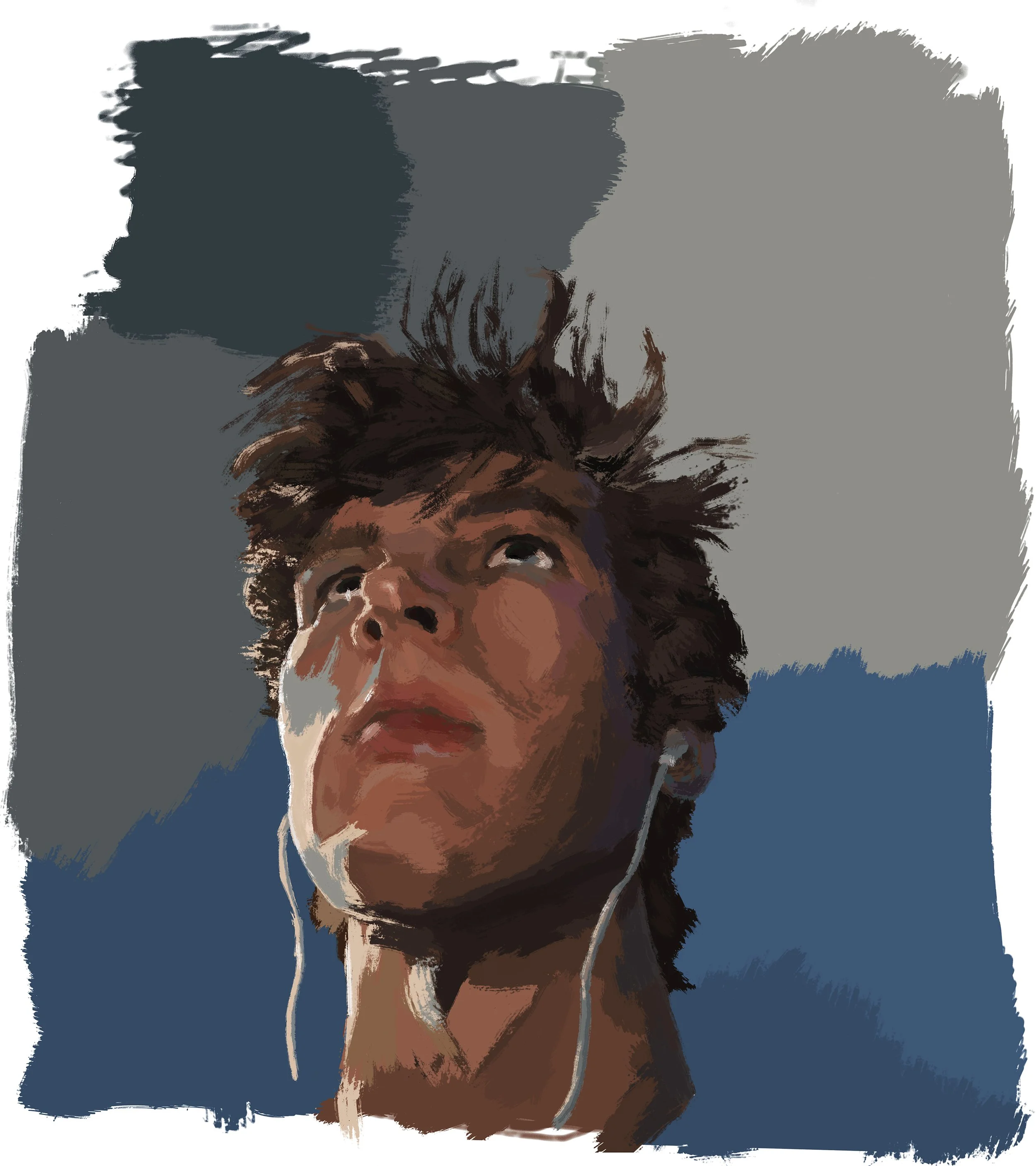Digital painting of a young person looking upward with earbuds in ears, messy hair, and a serious expression, against a background of geometric blocks of color.