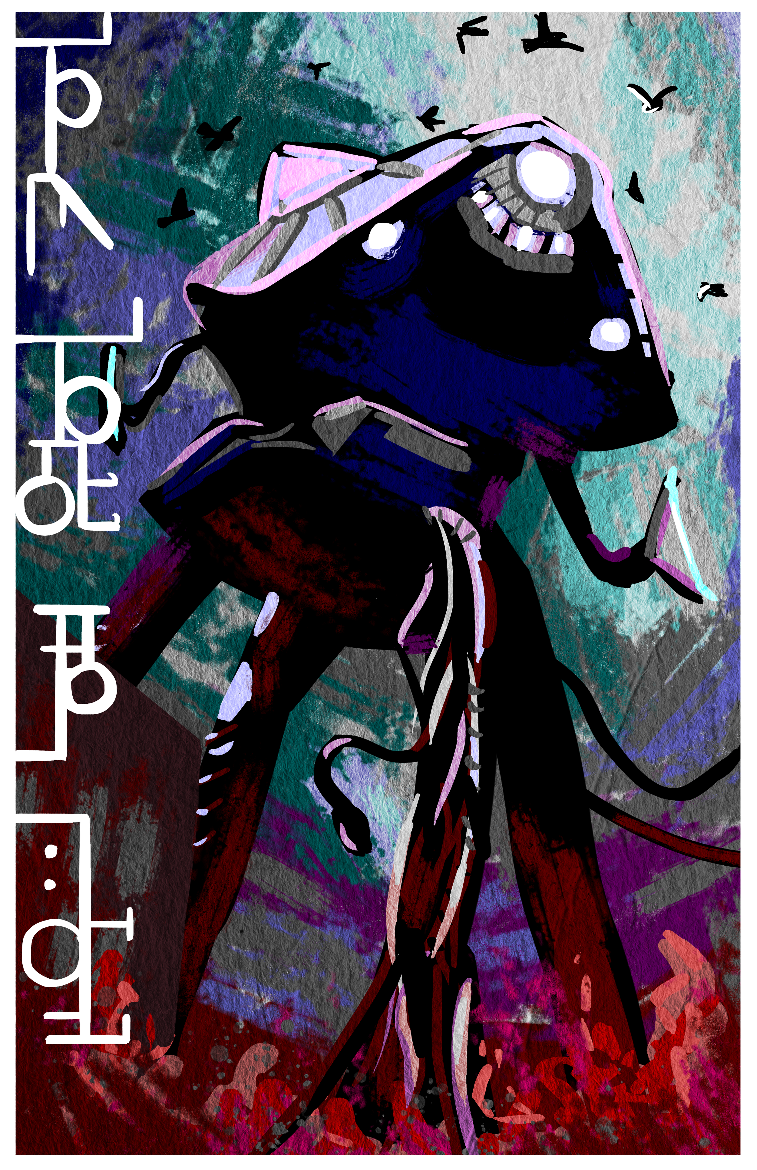 Stylized digital illustration of a large insect, possibly a beetle, with a metallic body, flying in a dark sky with birds and abstract colorful background.