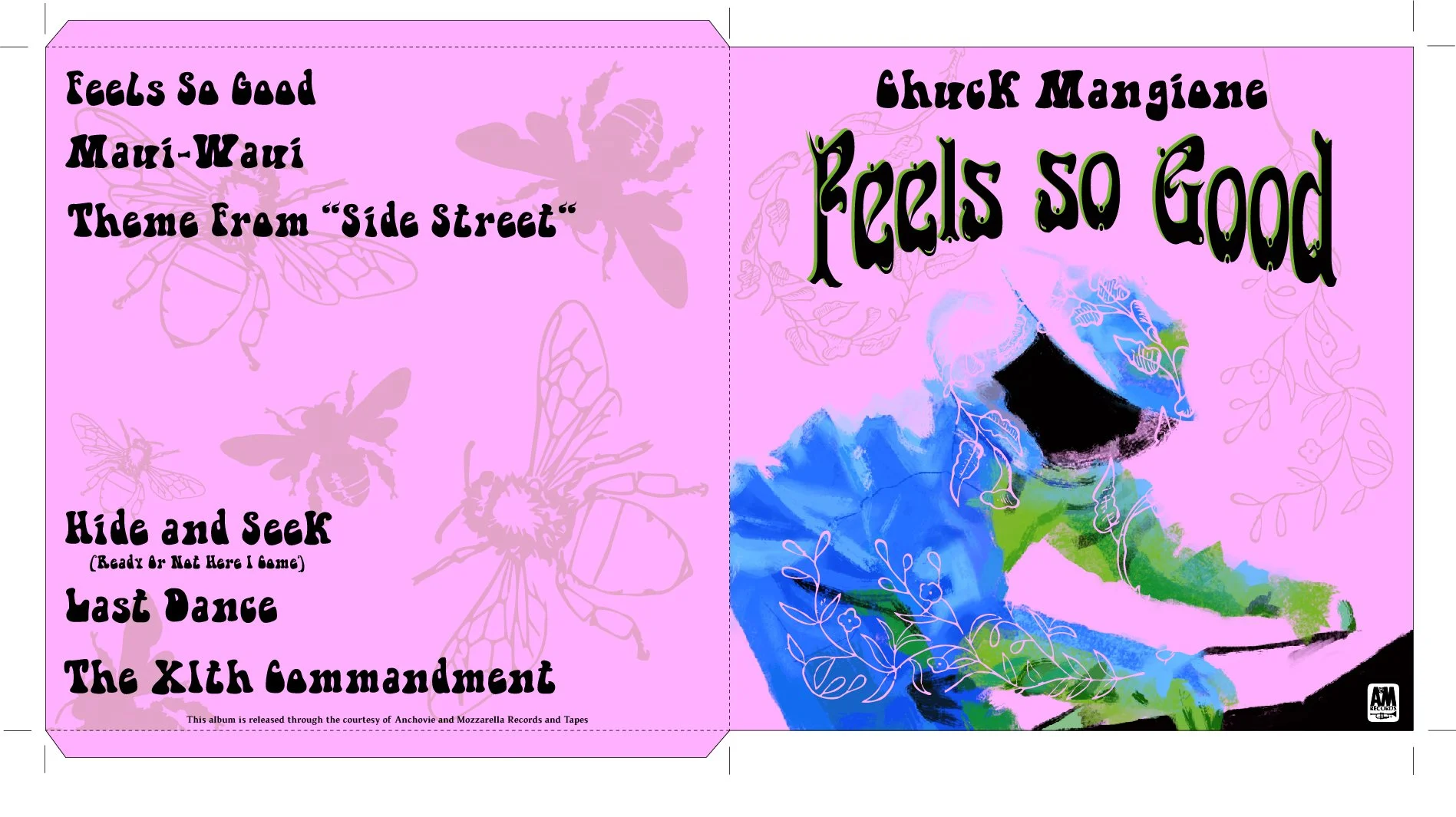 Album cover titled 'Feels So Good' by Chuck Mangione, featuring a pink background with illustrations of insects and plants, and a stylized portrait of Chuck Mangione playing the trumpet.