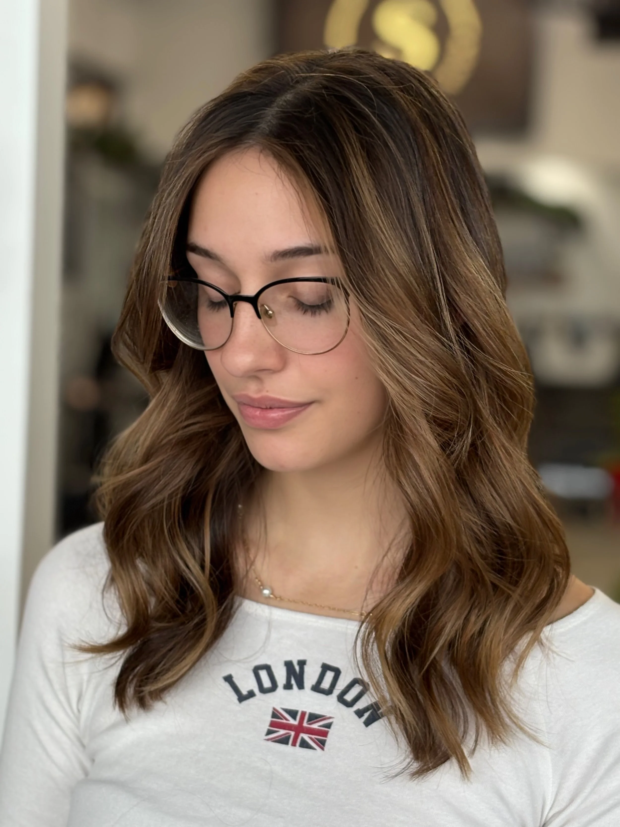 balayage, dimensional color, brunette, caramel highlights, natural color, pretty hair