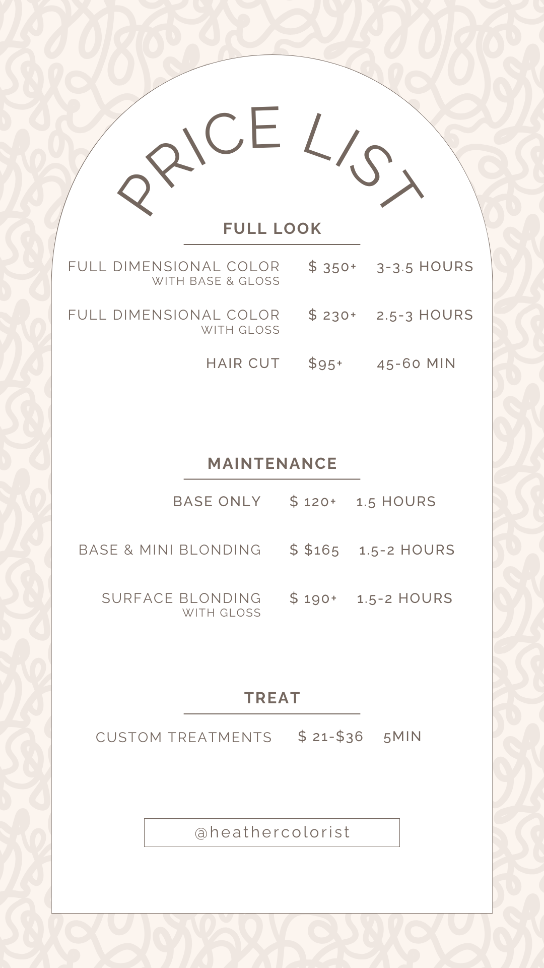 pricing and timing list, price list for services, cost of service