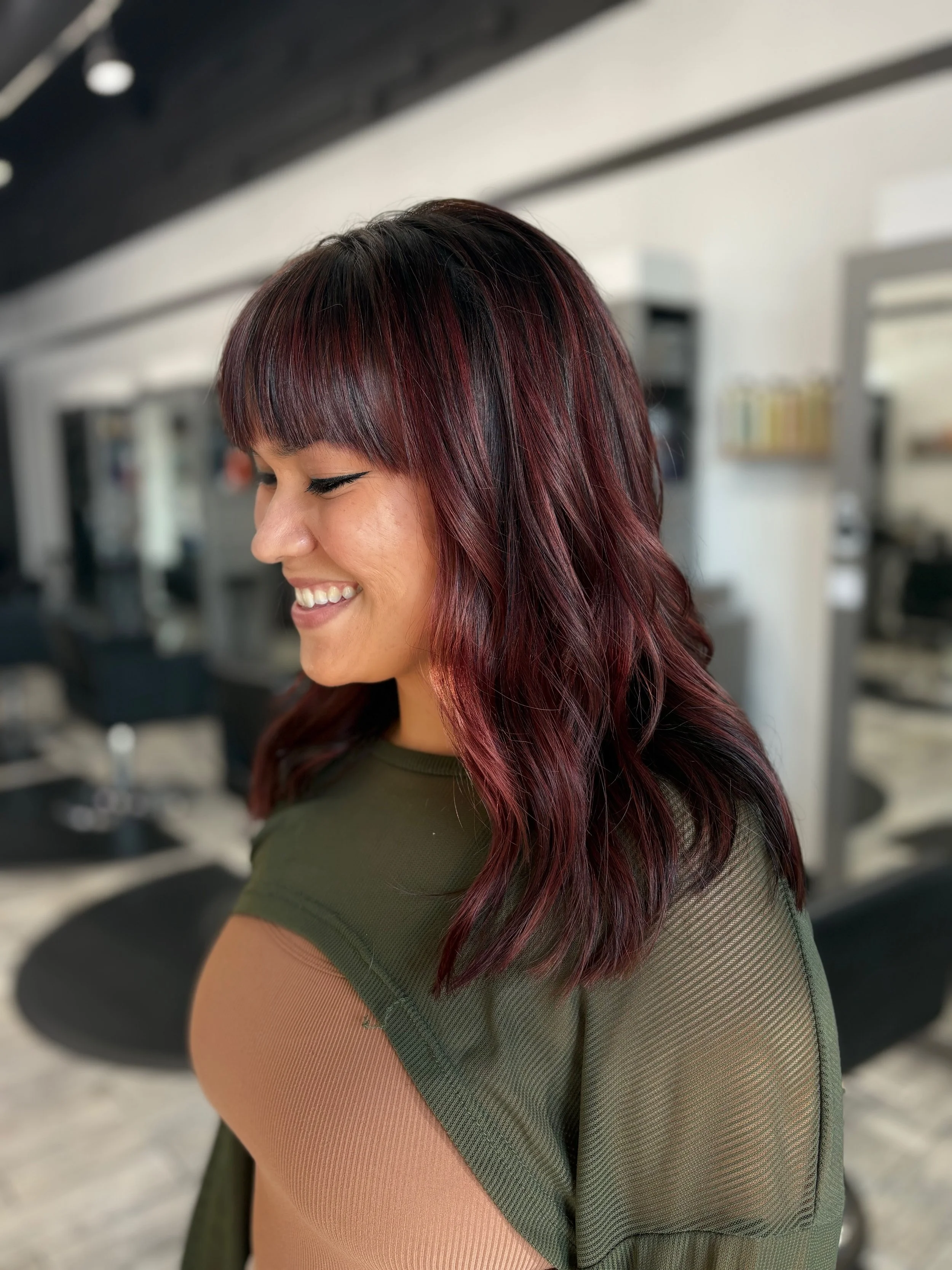red hair, brunette hair, dimensional color, L'Oreal Professional color, maple grove, minnesota hair stylist