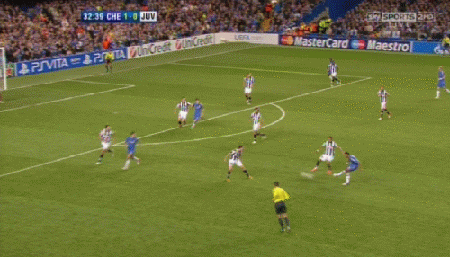 Soccer match between Chelsea and Juventus, with Chelsea leading 1-0, in the 32nd minute, players contesting for the ball on the field.