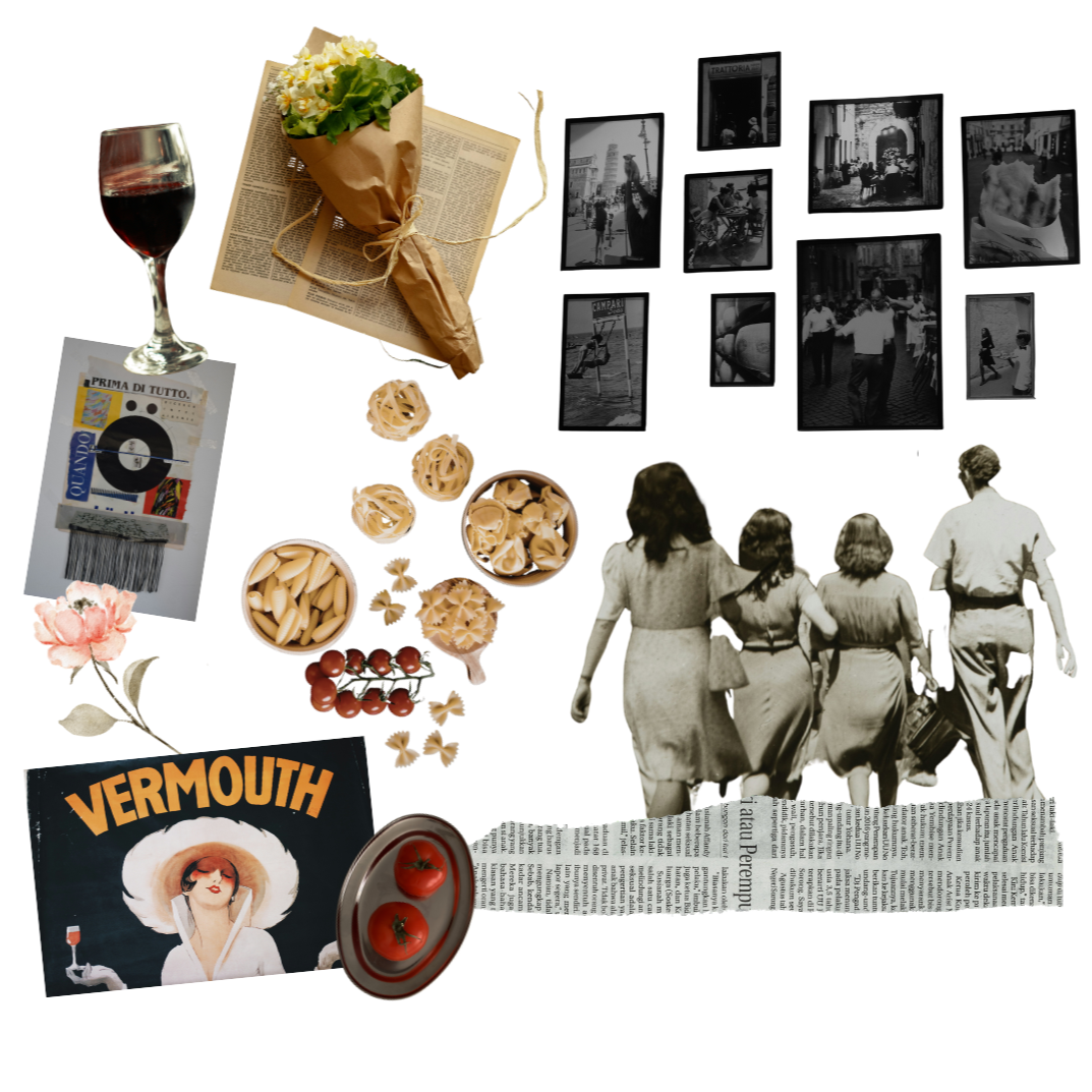 Italian American cultural collage with intimate dinner settings, shared plates, and warm Los Angeles restaurant atmosphere at Josephine