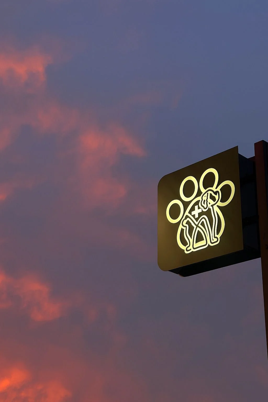 Placa de sinalização de emergência com desenho de uma pessoa com uma cruz e um símbolo de rádio comunicador, com o céu ao entardecer ao fundo.