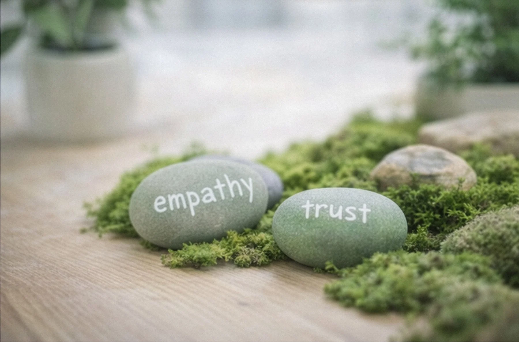 Stones labeled empathy and trust representing foundational workplace values