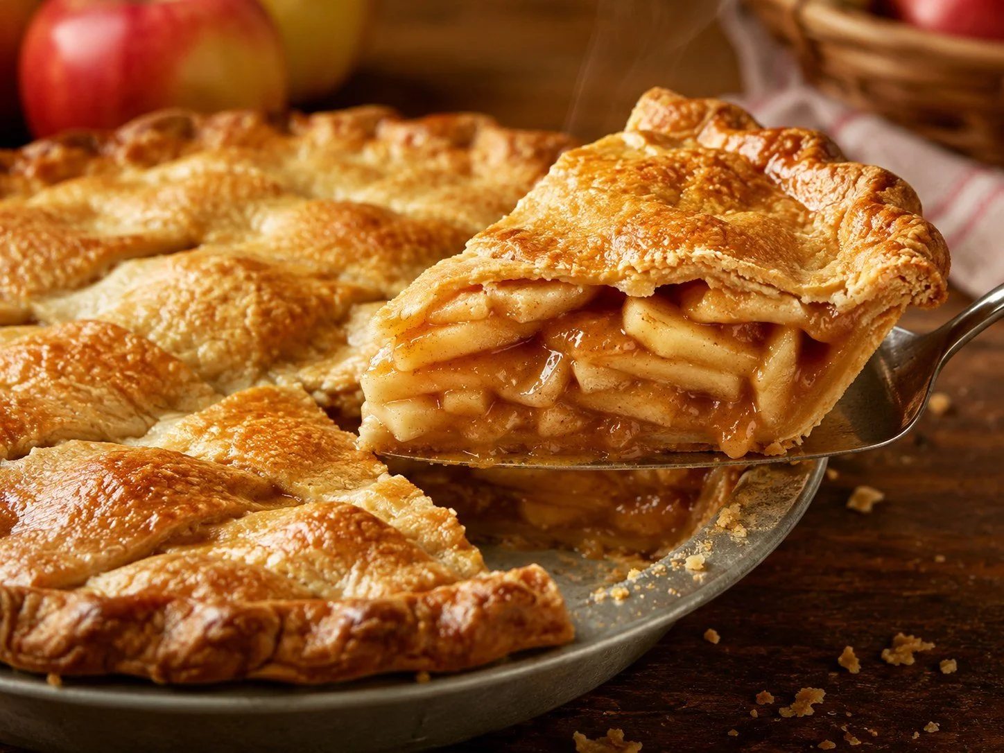 A slice being lifted out of a golden apple pie — how the pie gets cut