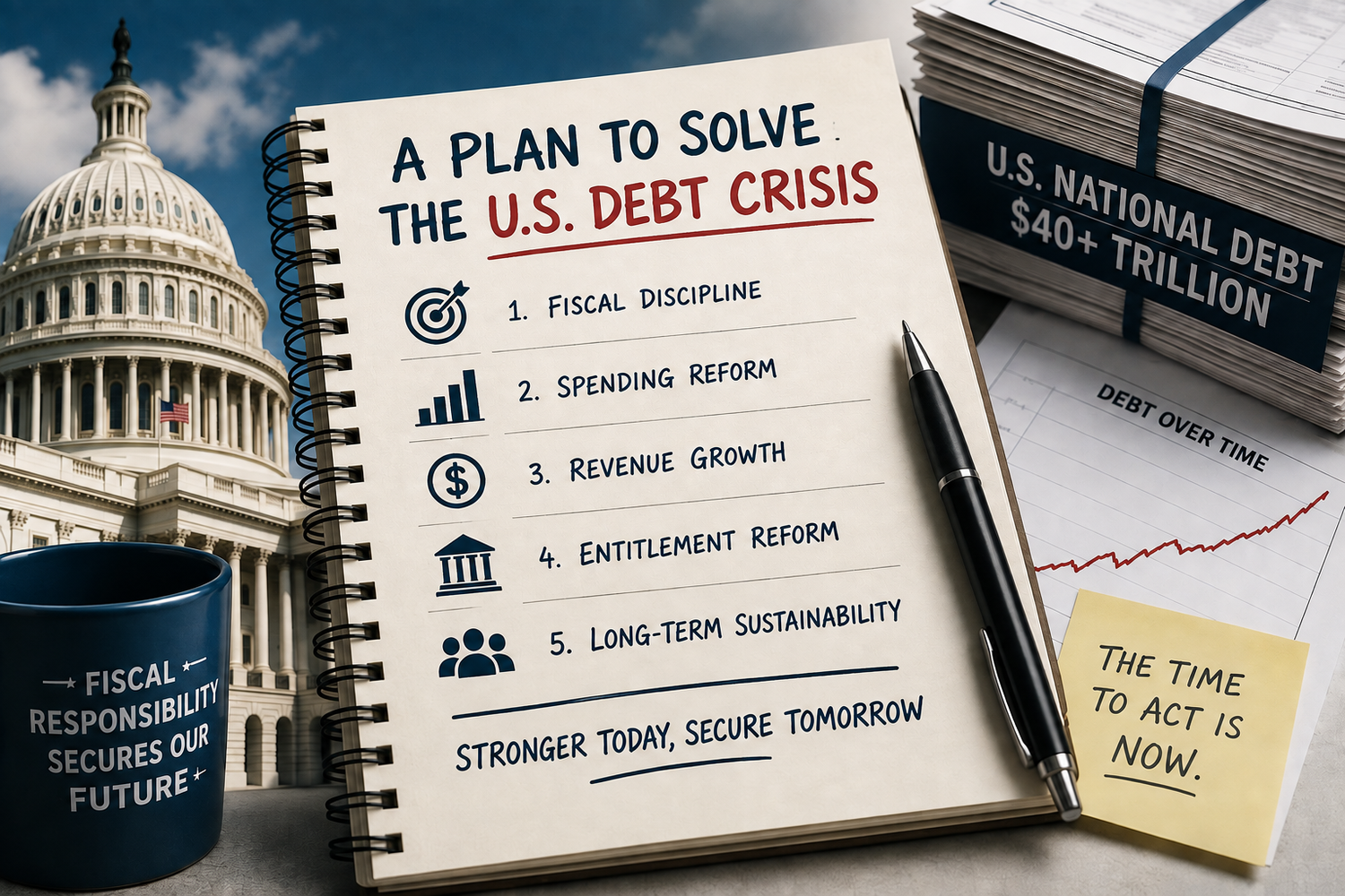 A spiral notebook titled 'A plan to solve the U.S. debt crisis' listing fiscal discipline, spending reform, revenue growth, entitlement reform, and long-term sustainability, beside a stack of papers labeled U.S. national debt, with the Capitol dome behind
