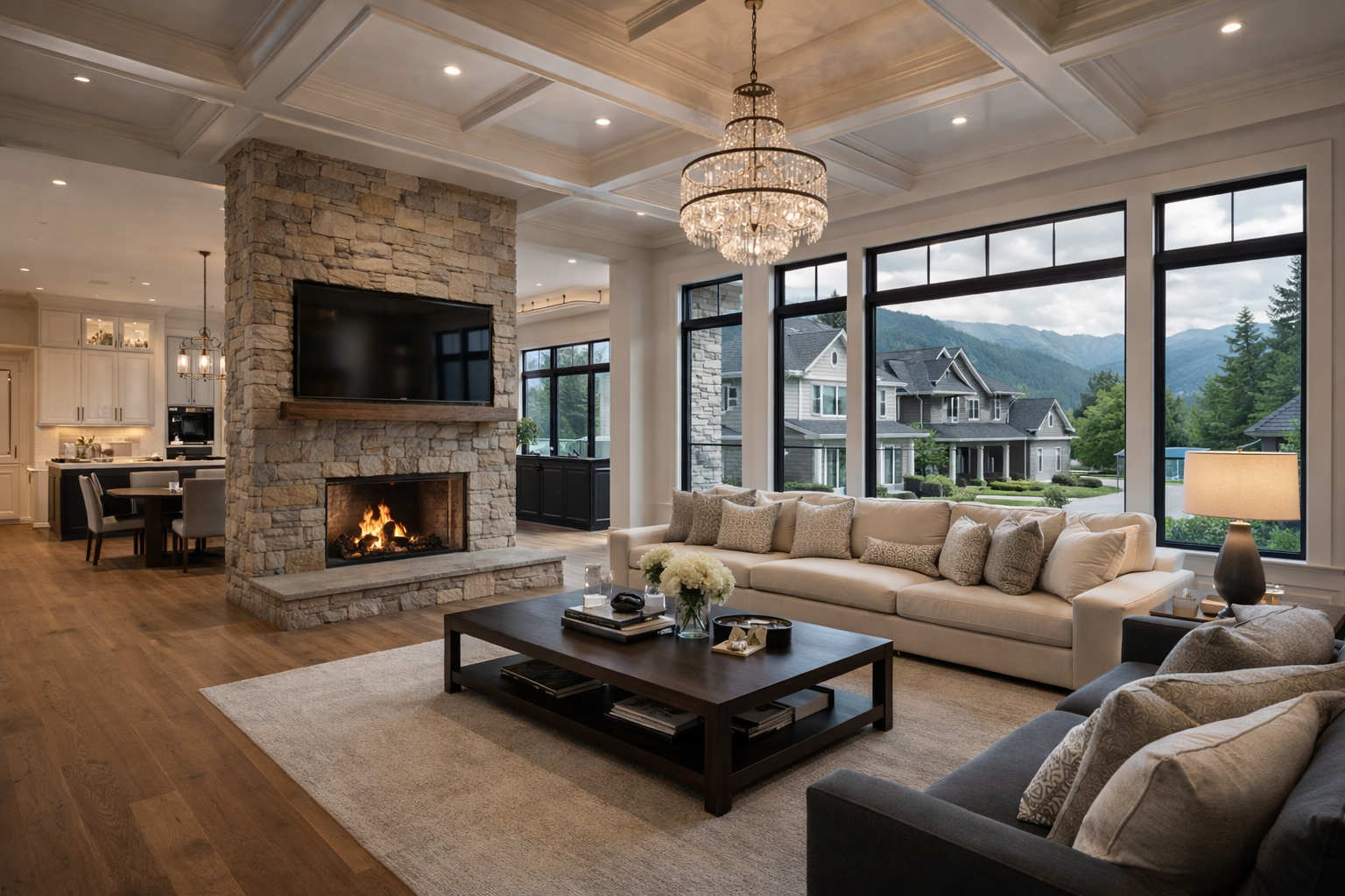 Luxury custom great room in Medford, Oregon: coffered ceiling, massive stone fireplace, crystal chandelier, oversized black-framed windows with Rogue Valley mountain views, open to gourmet kitchen by Southern Oregon premier builders.