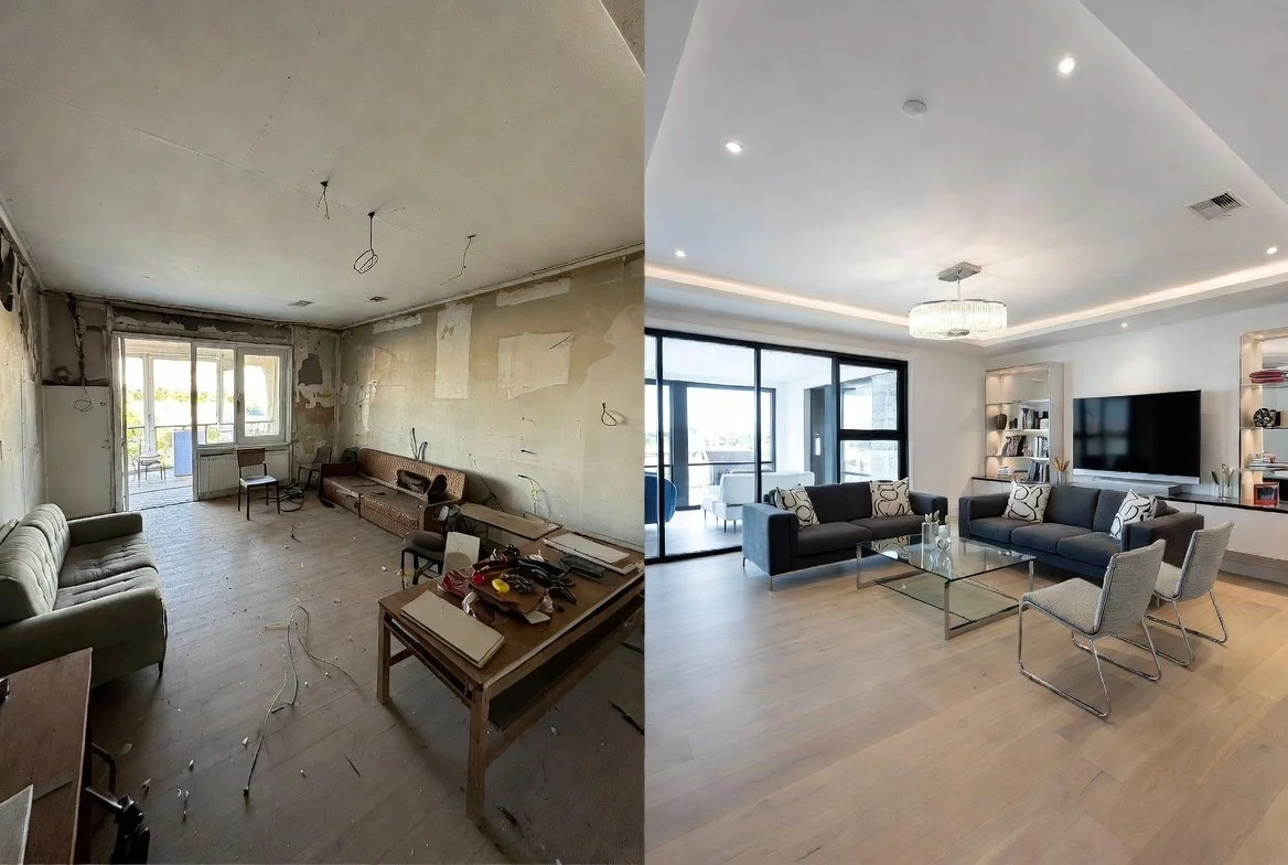 Before and after living room renovation in Medford, Oregon: from dated, damaged walls to modern open space with tray ceiling, large sliding doors, luxury flooring, and sleek fireplace by Southern Oregon remodel experts.