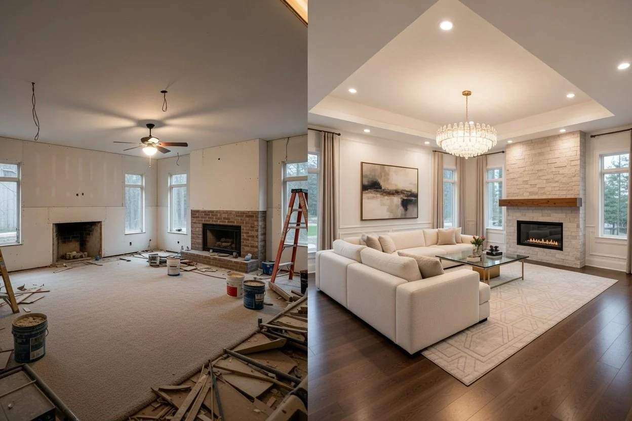 Before and after great room renovation in Medford, Oregon: unfinished drywall and construction mess transformed into luxurious modern living space with tray ceiling, stone fireplace, chandelier, and hardwood floors by Southern Oregon remodel pros.