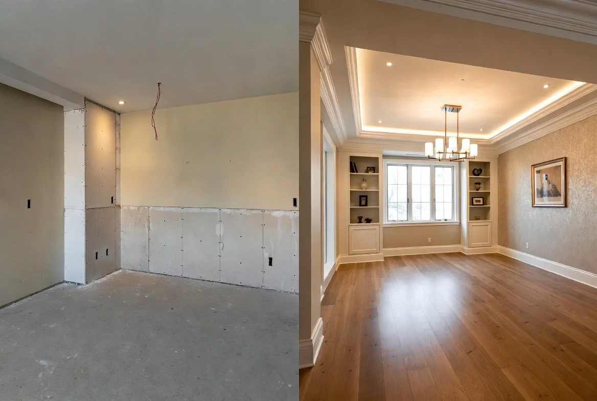 Before and after bedroom renovation in Medford, Oregon: unfinished drywall room transformed into elegant formal space with coffered ceiling, hardwood floors, custom built-ins, and tray lighting by Southern Oregon remodel experts.