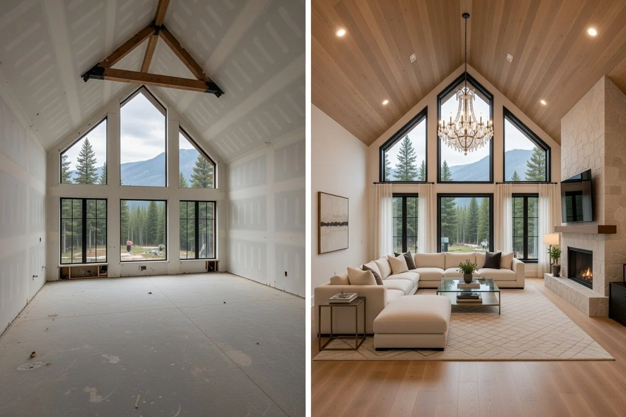 Medford OR great room remodel before & after: raw construction to stunning open living space with high vaulted ceiling, fireplace, and mountain forest views.