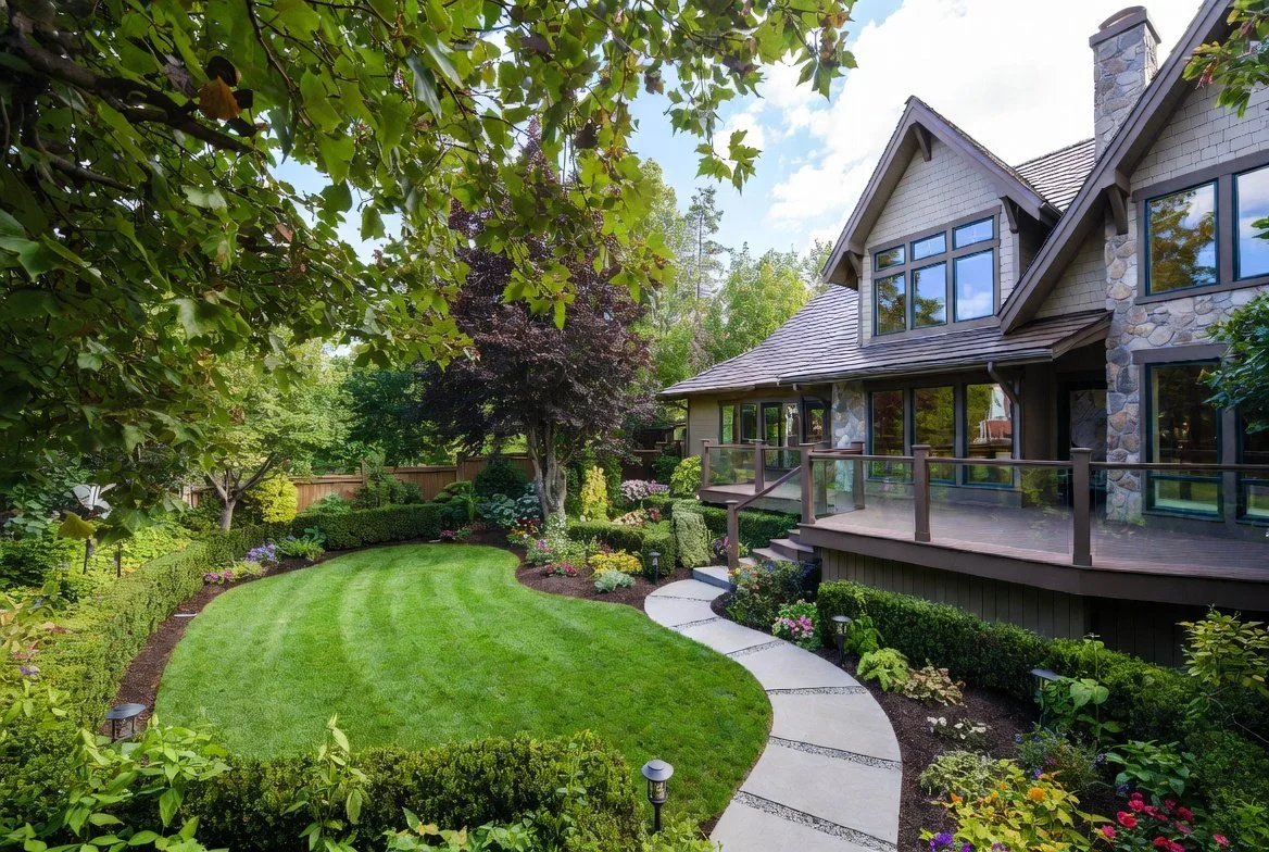 Serene Medford OR backyard: rustic home with stone accents, large windows, elevated deck; winding path, lush lawn, hedges, vibrant flowers. Landscaping pros.