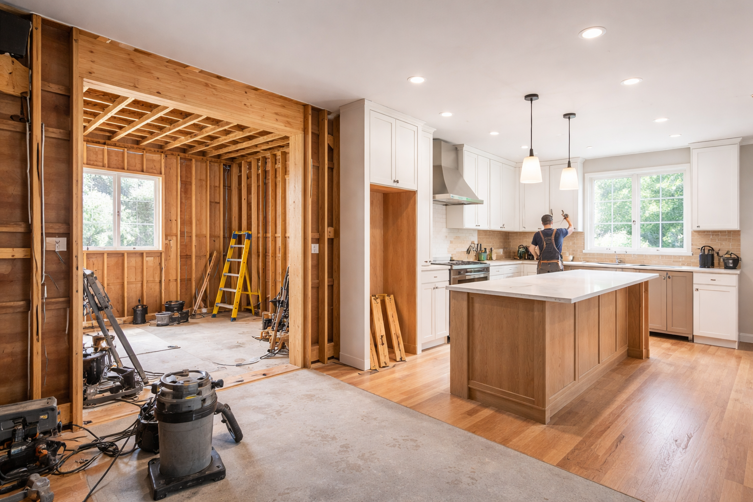 Active kitchen and great room renovation in Medford, Oregon – skilled craftsman installing details amid custom white shaker cabinets, massive center island, wood flooring, vaulted framing, and natural light from large windows.