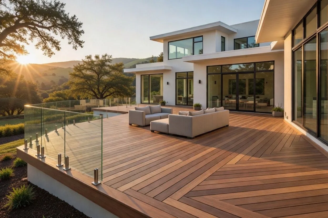 Transform your Southern Oregon home with modern custom decks and patios. Sleek wood patterns, glass railings, cozy seating, and stunning sunset views over rolling hills.