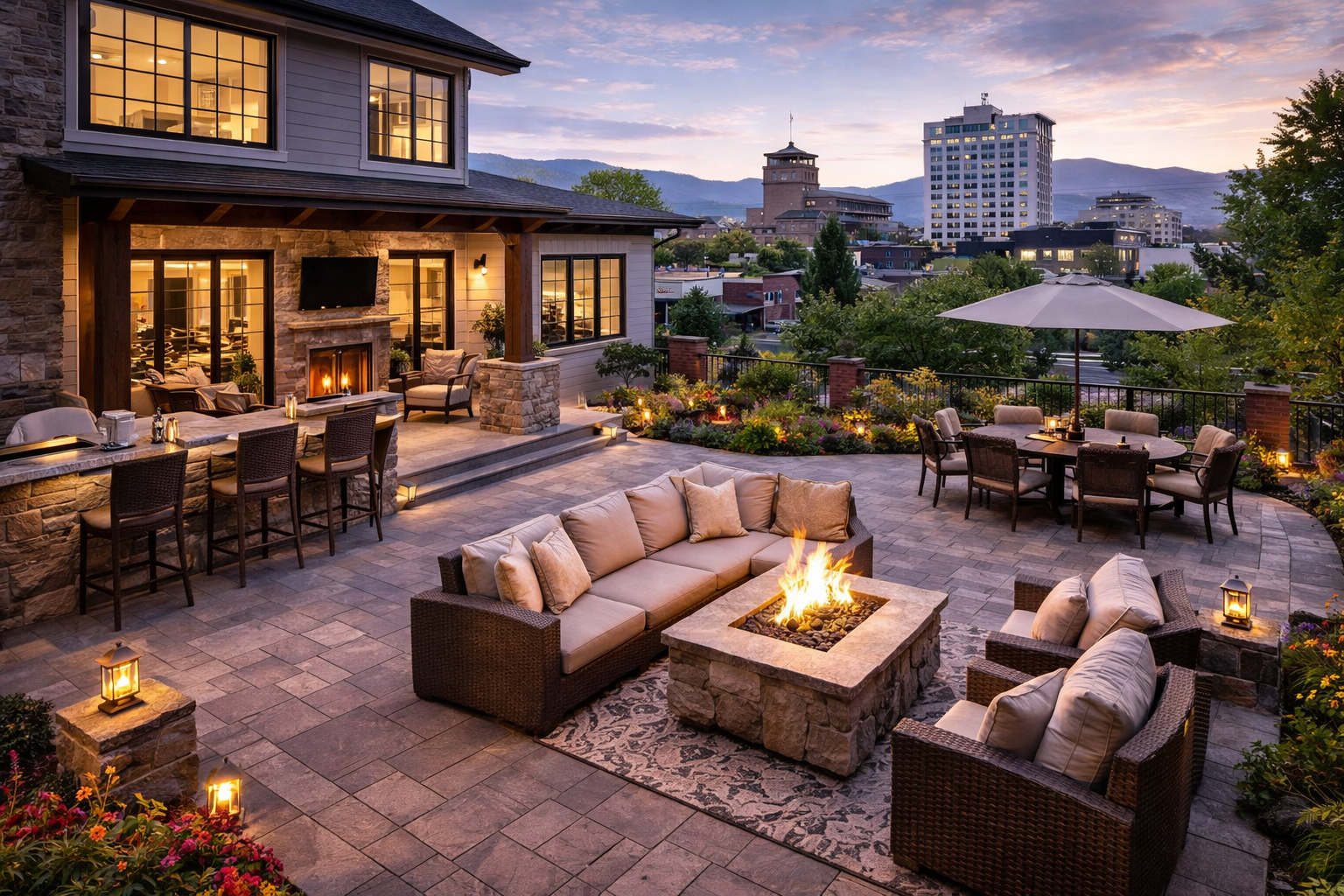Elevate your Southern Oregon home with custom decks, patios, and landscaping. This elegant space boasts fire pits, outdoor bars, cozy seating, and panoramic city-mountain views.