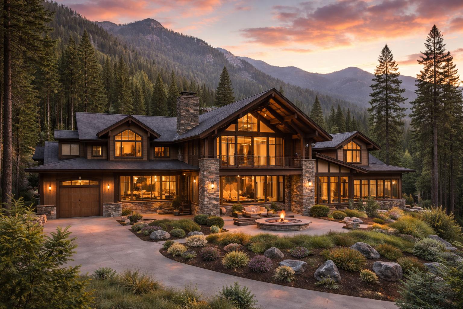 Large mountain house at sunset with warm lights, surrounded by trees and a landscaped yard with a fire pit.