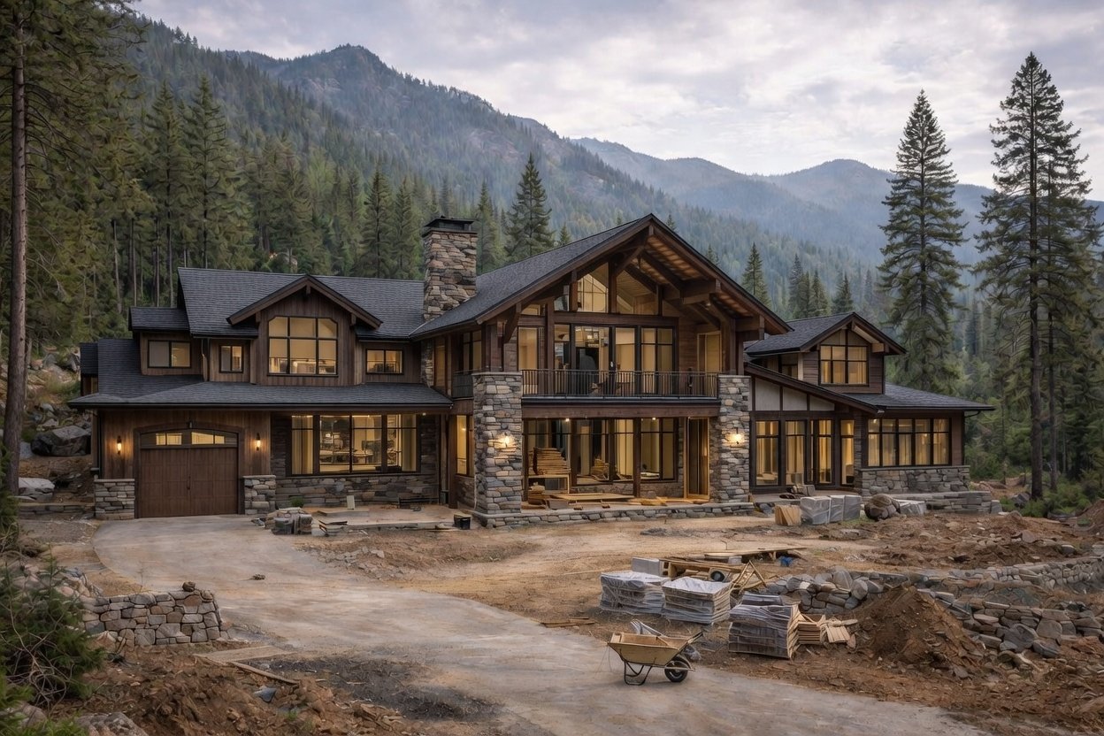 Luxury custom mountain home nearing completion in Medford, Oregon: timber and stone lodge-style residence with large windows, wraparound deck, and dramatic Rogue Valley forest & mountain backdrop by Southern Oregon builders.