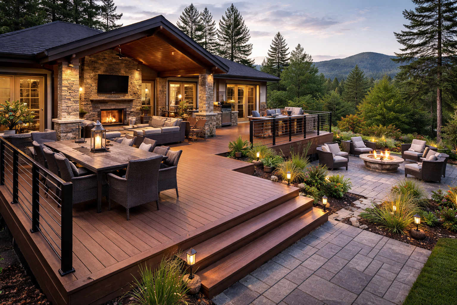 Stunning Medford OR custom deck & patio: wooden deck with outdoor fireplace, TV, dining, BBQ; stone patio fire pit, lush landscaping, mountain views. Build yours!