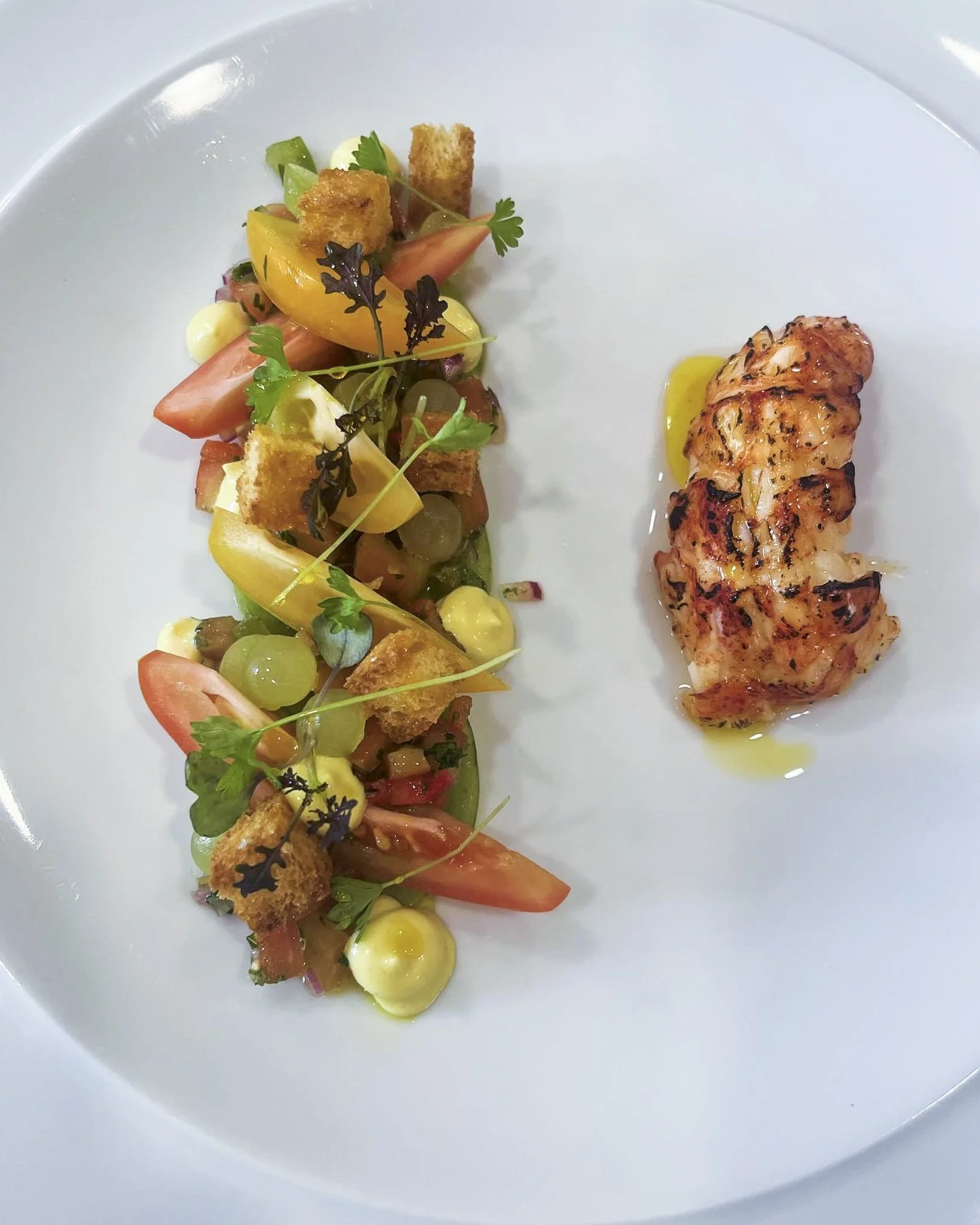 A plated dish with a colorful vegetable salad and a grilled piece of chicken.