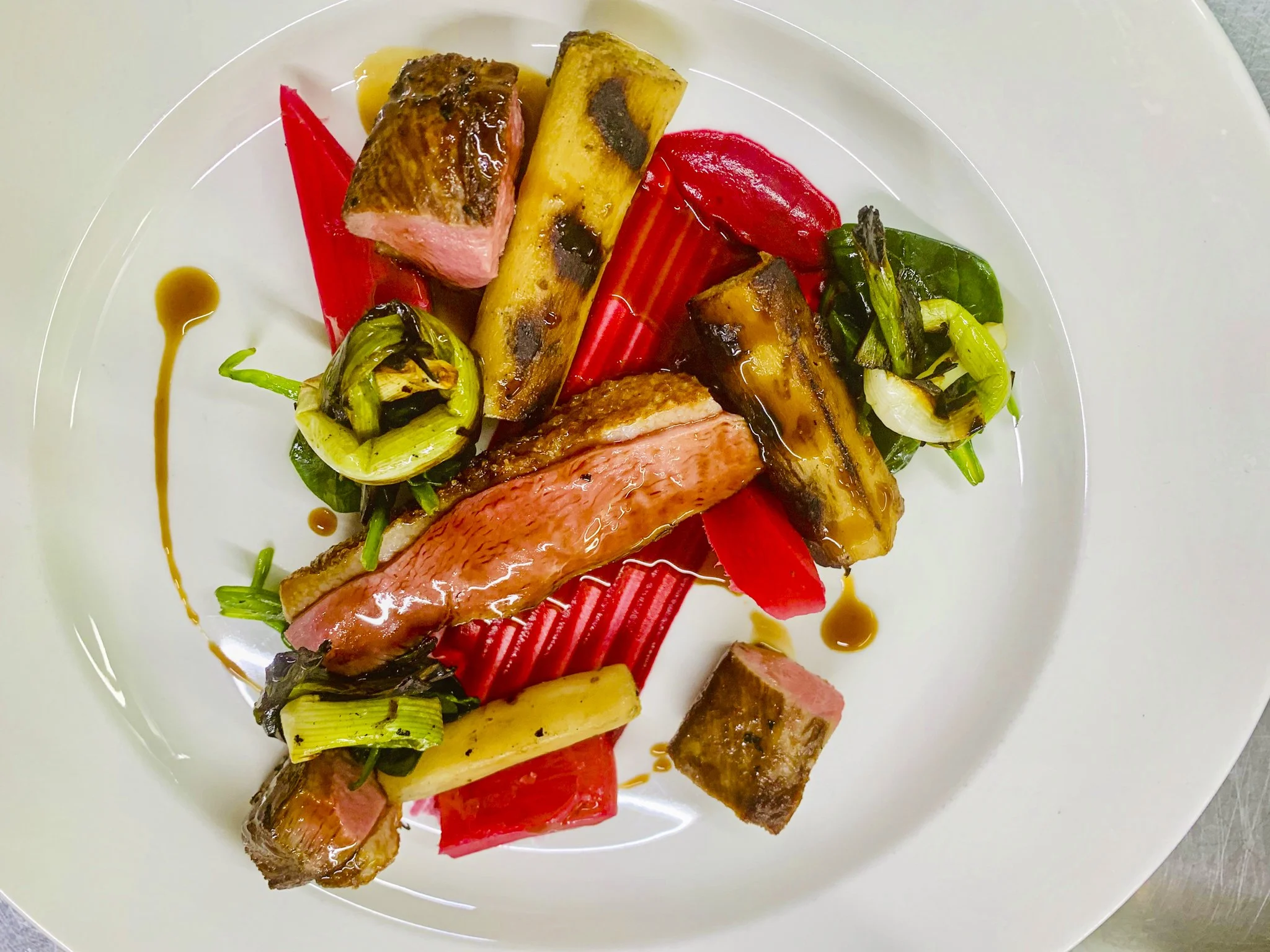 Plate of seared salmon with roasted vegetables, caramelized pineapple, and drizzled sauce.