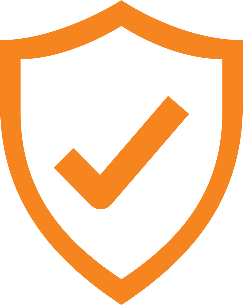 Shield icon with a checkmark in the center, outlined in orange.