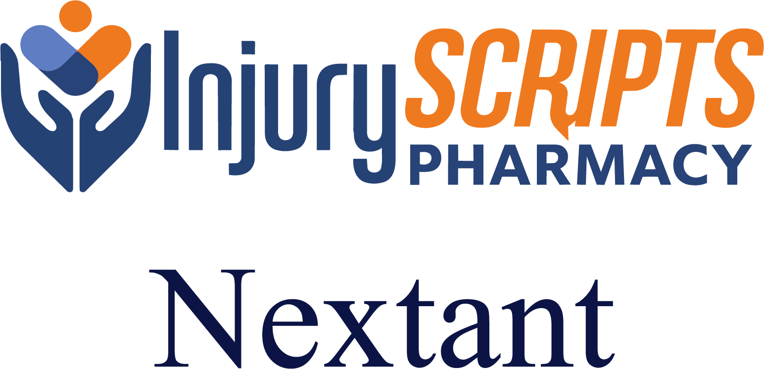 Logo for InjuryScripts Pharmacy and Nextant, featuring a stylized graphic of two blue hands holding an orange capsule, with texts 'InjuryScripts Pharmacy' and 'Nextant'.