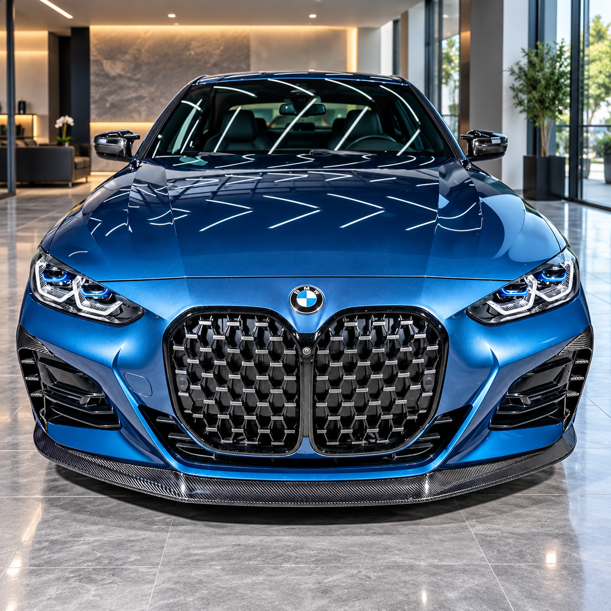 Blue BMW in a Luxury Showroom.png