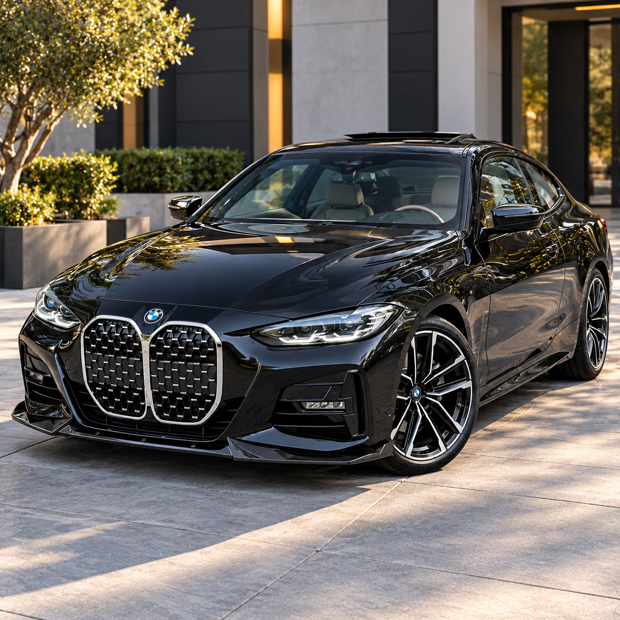 Glossy Black BMW Coupe in Modern Architecture.png