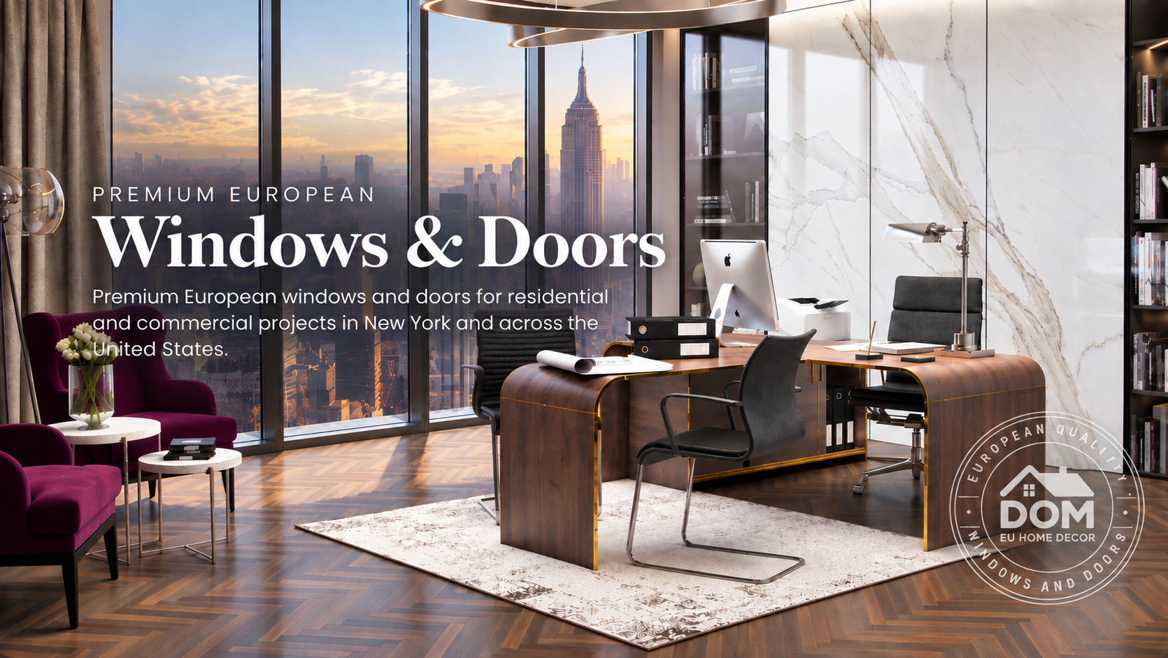 Modern office interior with floor-to-ceiling European-style windows overlooking the New York City skyline