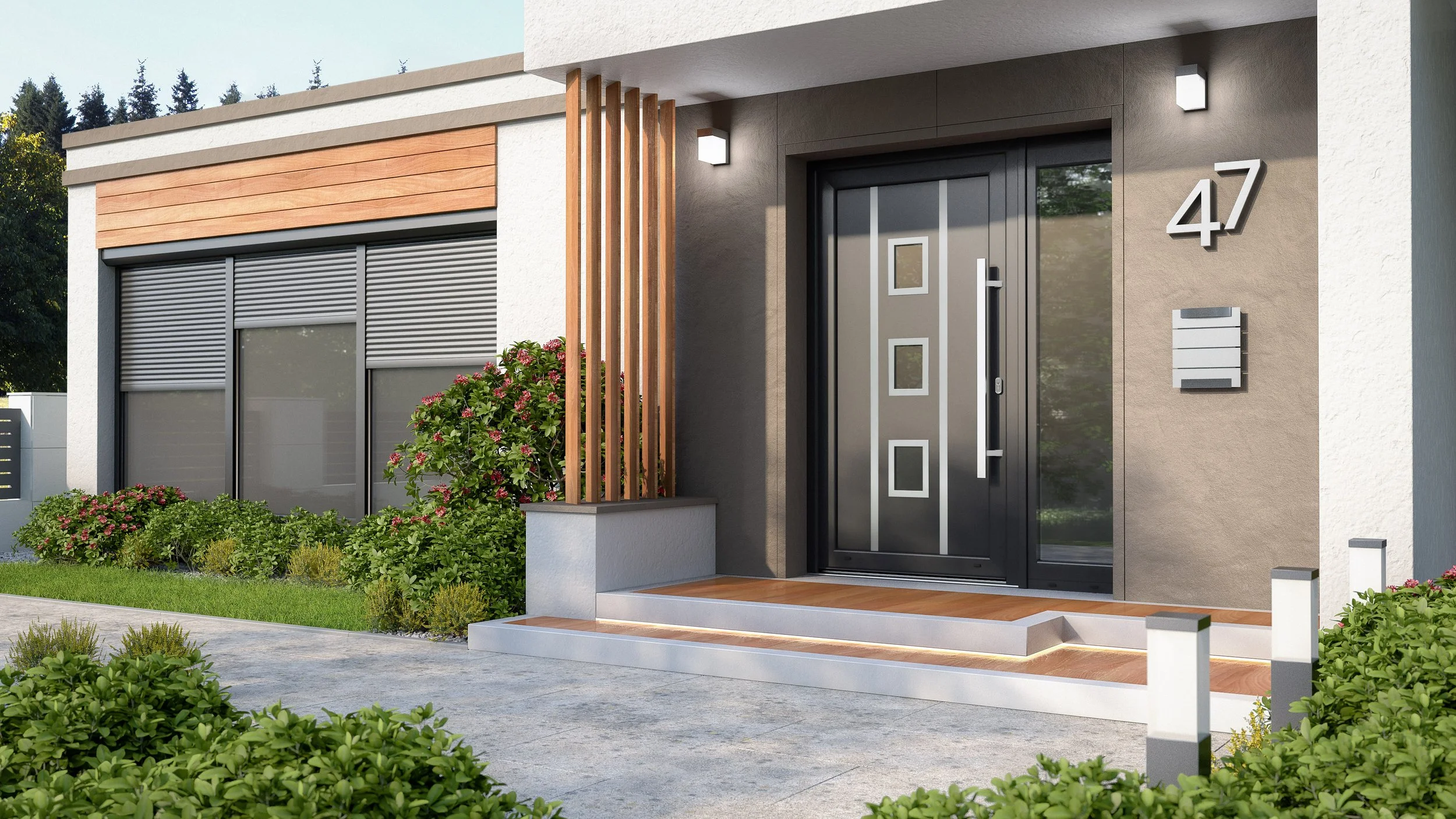 Modern DRUTEX PVC entrance door with glass side panel supplied by DOM EU Home Decor