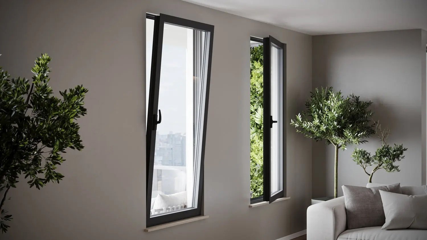 uropean tilt-and-turn windows open inward in a bright modern living room with a white sofa and indoor plants.