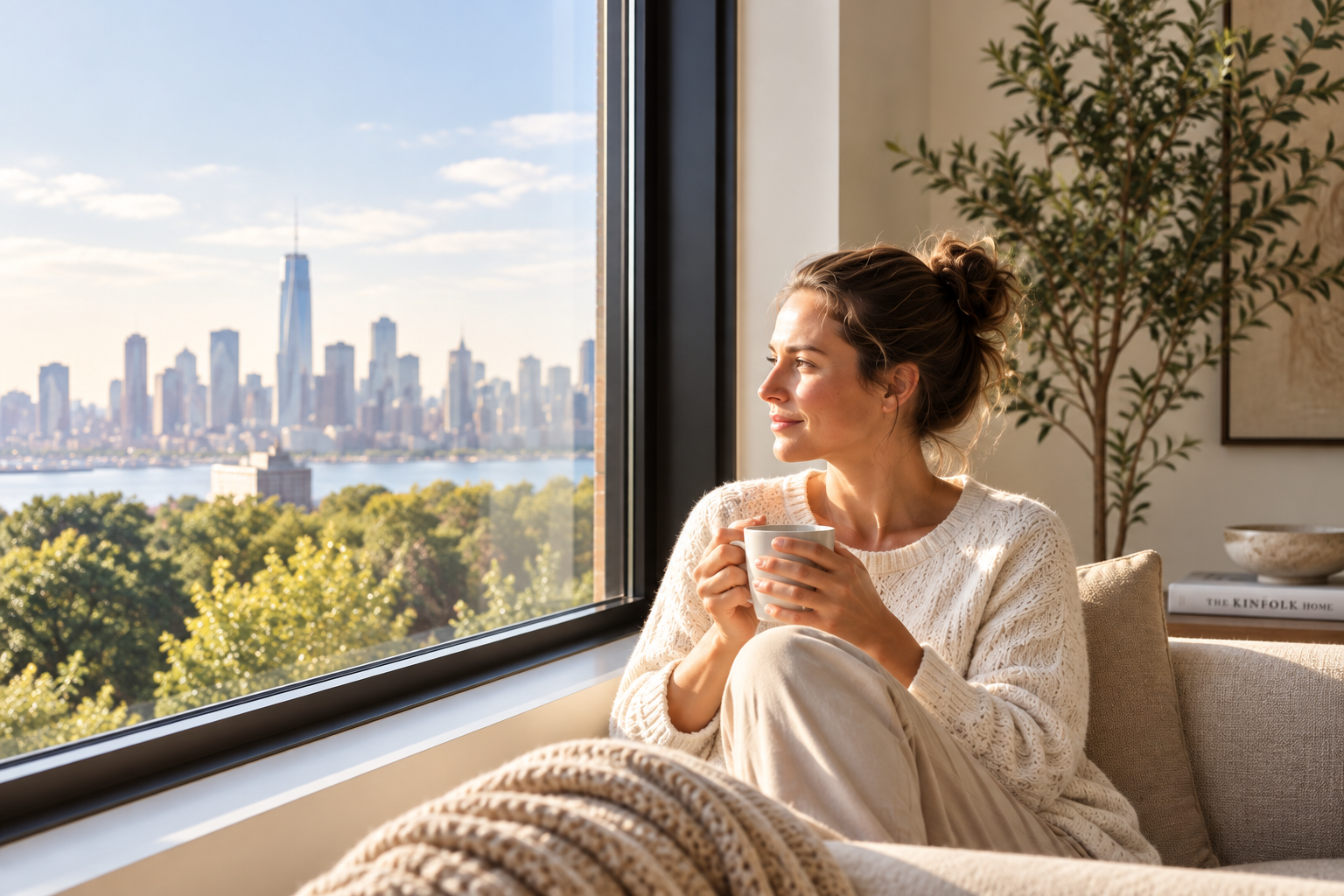Woman relaxing beside a large black-framed European window in a bright modern living room