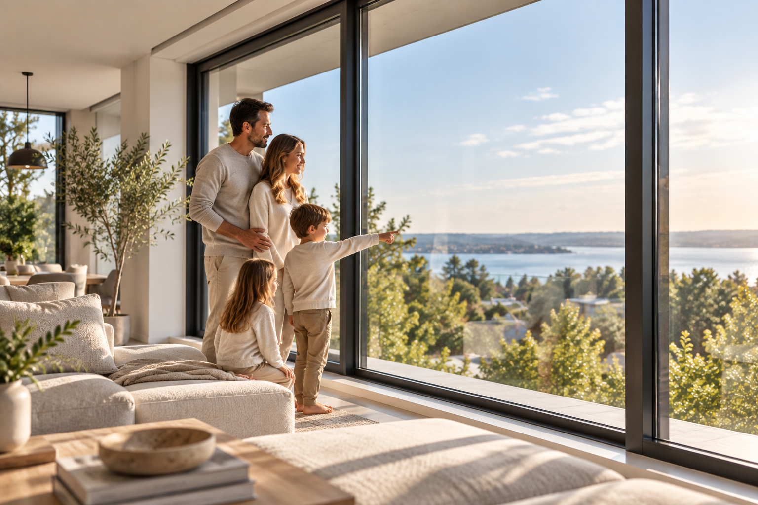 Family enjoying the view through large black-framed European windows in a modern home