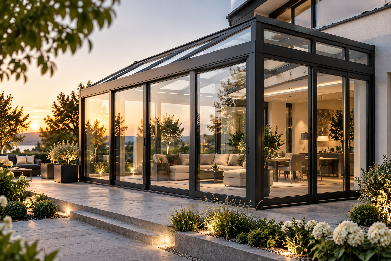 Modern glass winter garden attached to a contemporary home, featuring dark aluminum frames, a glazed roof, and a landscaped terrace.