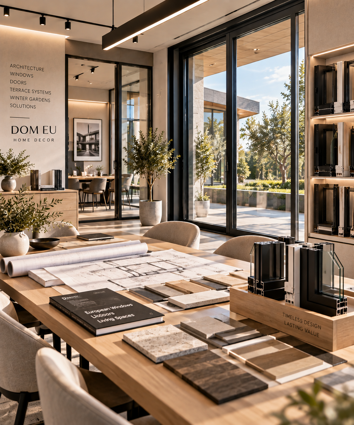 Elegant European window and door design studio with large black-framed windows, architectural plans, and window profile samples displayed on a wooden table