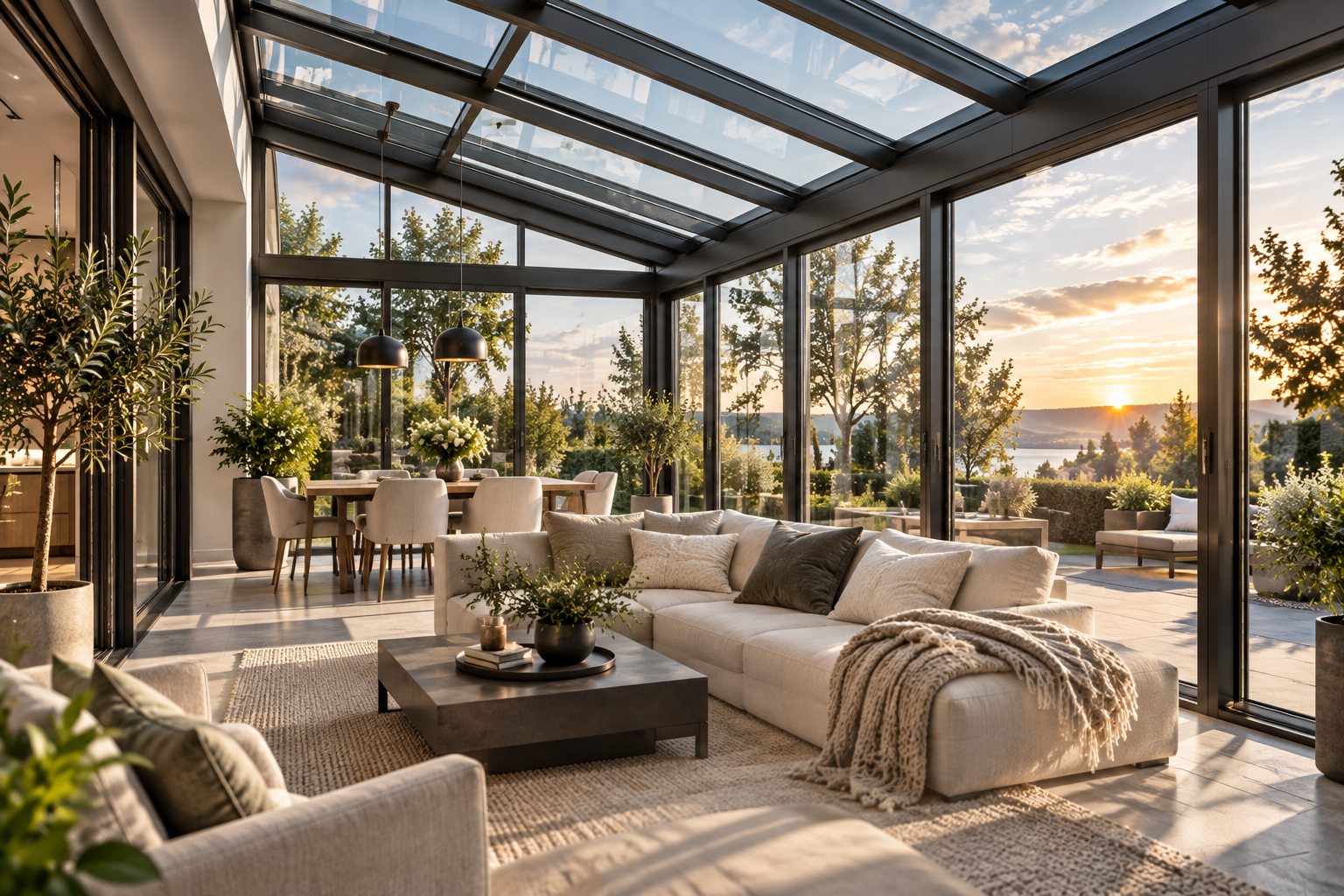 Bright winter garden interior with floor-to-ceiling glass walls, a glazed roof, comfortable seating, and views of the surrounding garden