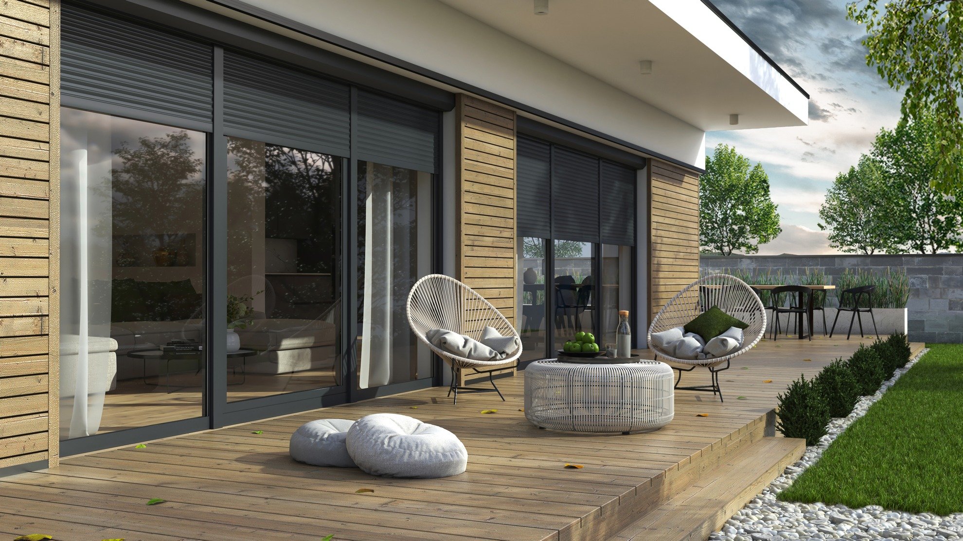 Modern top-mounted roller shutters installed on a residential window, featuring discreet aluminum curtain and guides for enhanced privacy, security, and energy efficiency.