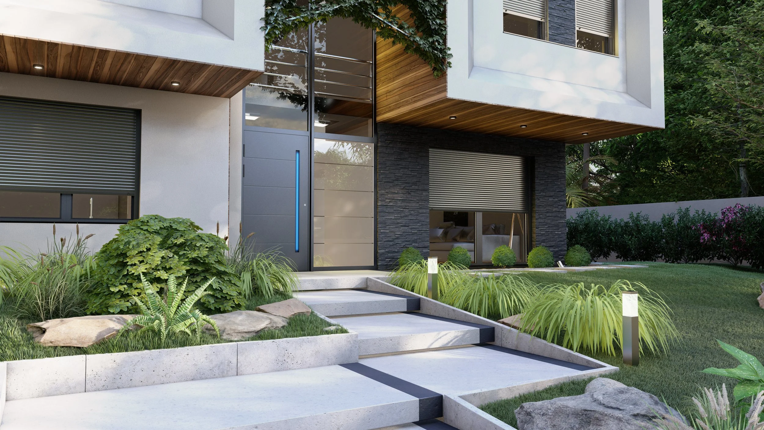 Modern home featuring European entrance doors and windows by DRUTEX