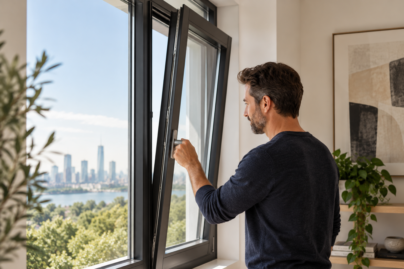 Man opening a black-framed European tilt-and-turn window in a modern residential interior