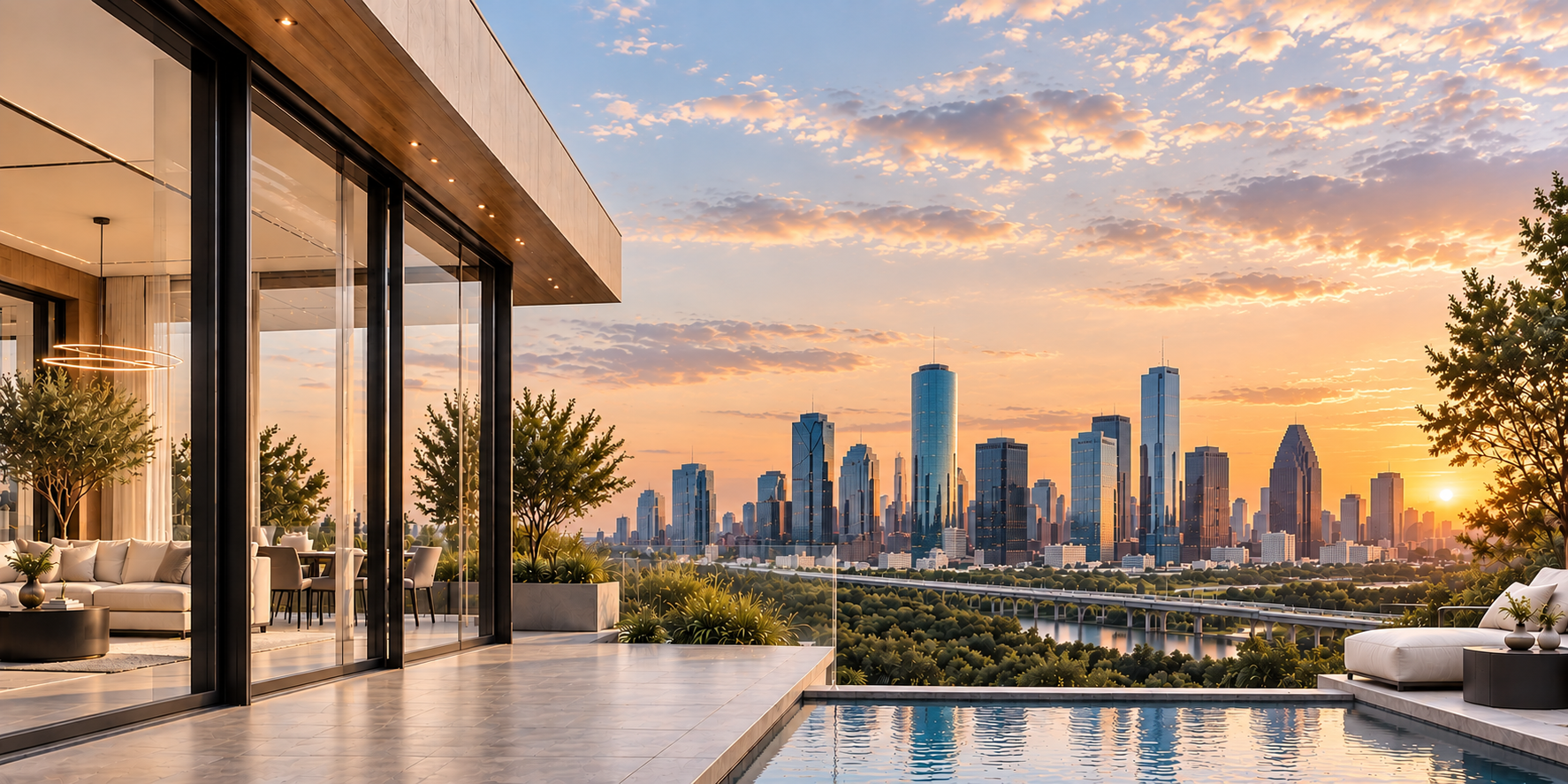 Modern luxury home with European-style aluminum windows and doors overlooking a Texas city skyline at sunset
