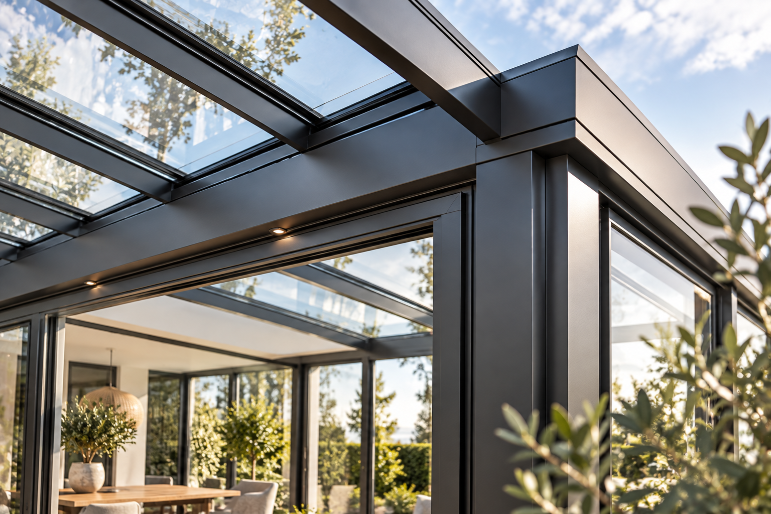 Close-up of a modern winter garden showing dark aluminum framing, glass roof panels, and the glazed corner structure