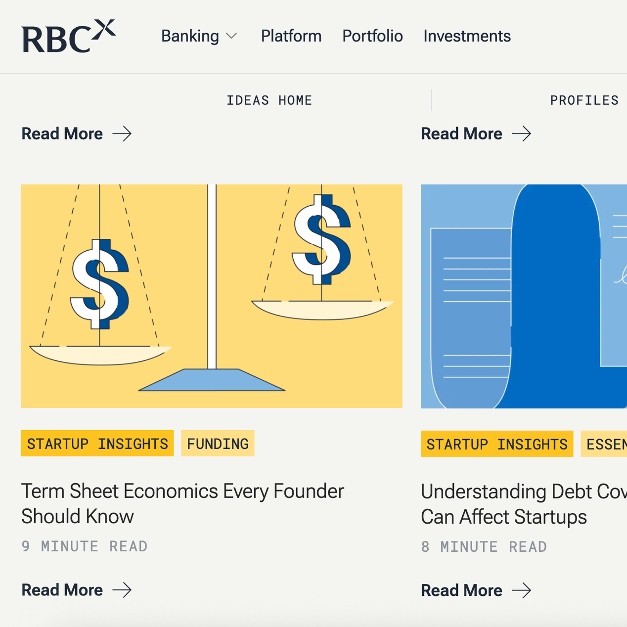 Screenshot of RBCx website homepage with navigation menu, featuring a yellow and blue illustration of a balanced scale with dollar signs, and text about startup insights and financial topics.