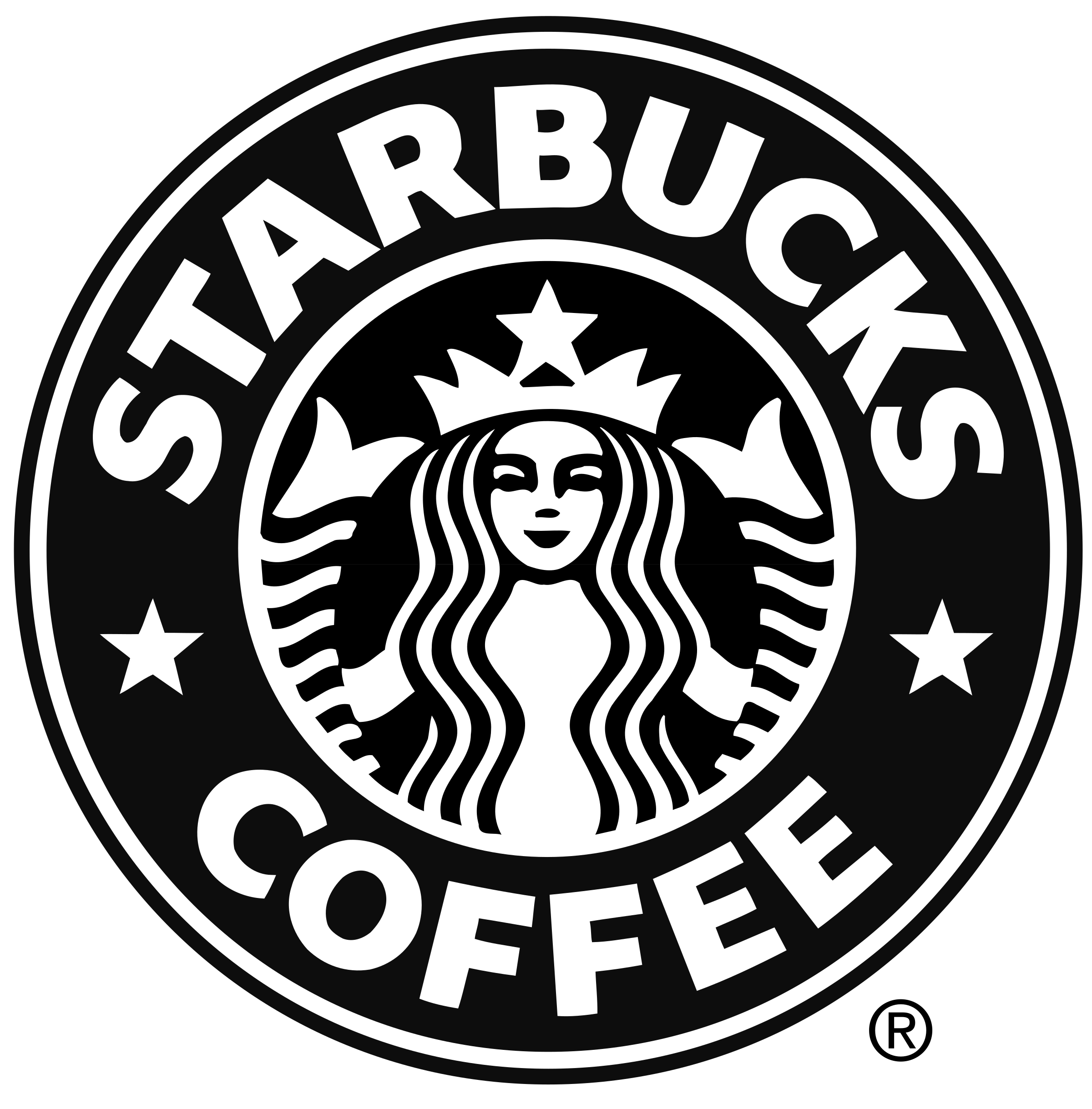Black and white logo of a coffeehouse chain with the words "Starbucks Coffee" surrounding a mermaid figure with long, wavy hair and a crown.