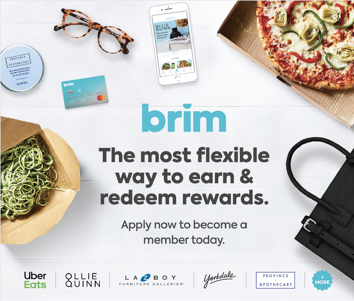 Flat lay of a white table with a pair of tortoiseshell glasses, a cellphone displaying an app, a pizza in an open box, a blue credit card, a brown paper bag with noodles, a black bag, and various store logos at the bottom, including Uber Eats and Province Apothecary.